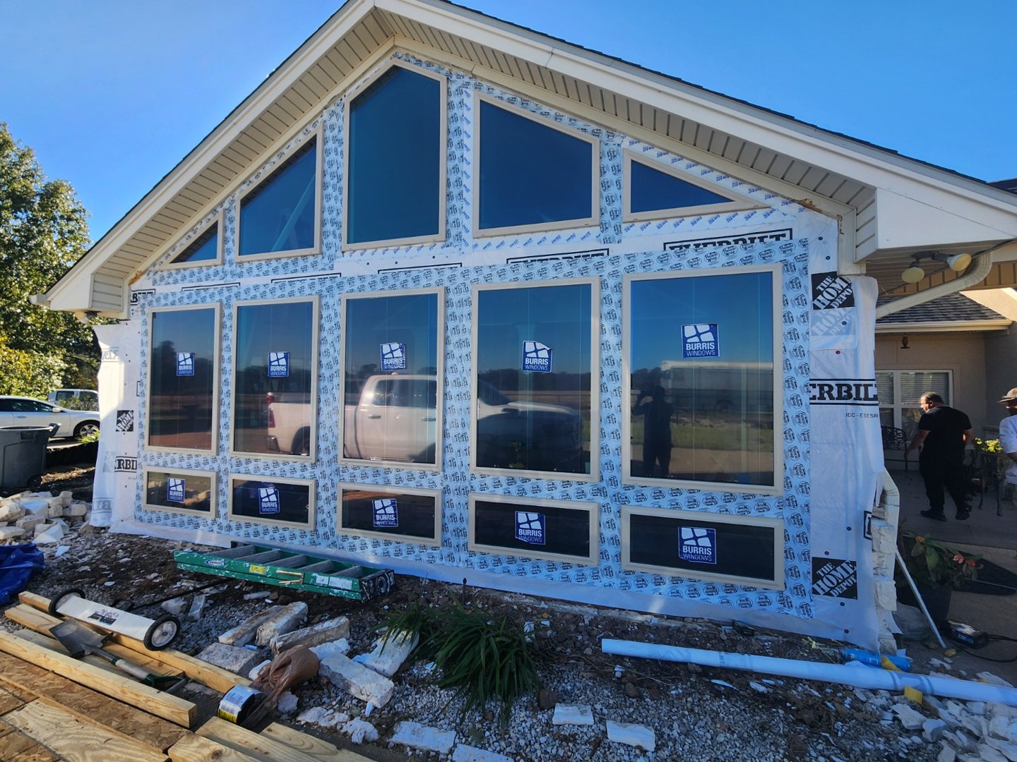 Exterior wall preparation — Work in progress · membrane and window details